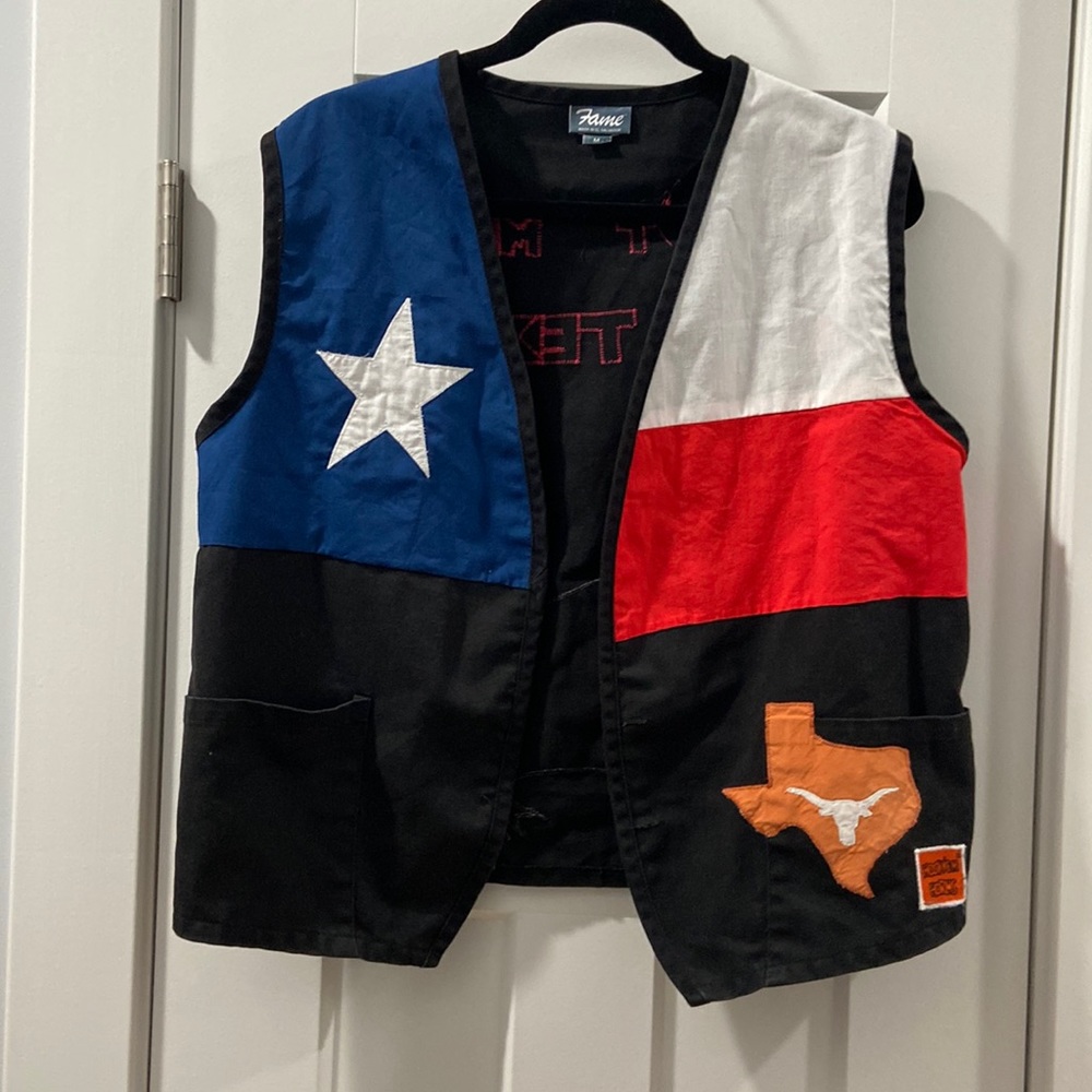 Homemade upcycled medium vest Texas Theme hook ''em horns TX Flag armadillo